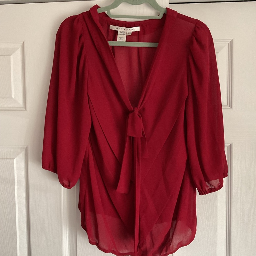 Max Studio Burgundy Red Semi Sheer Tie-Neck Drape Blouse Shirt Dress Top sz L